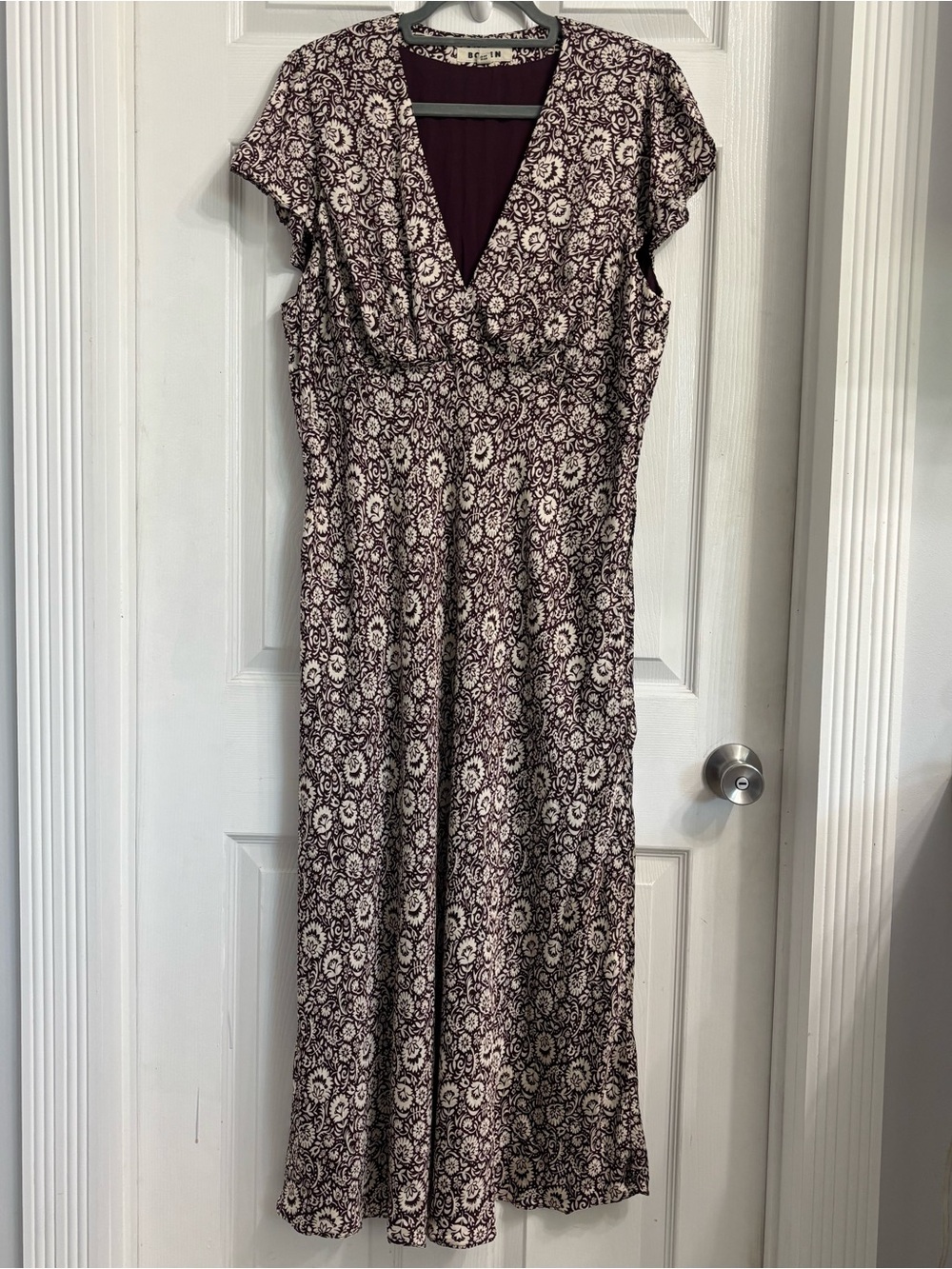 Boden Satin Empire Midi Tea Dress Size 20-22R Burgundy and Cream Floral